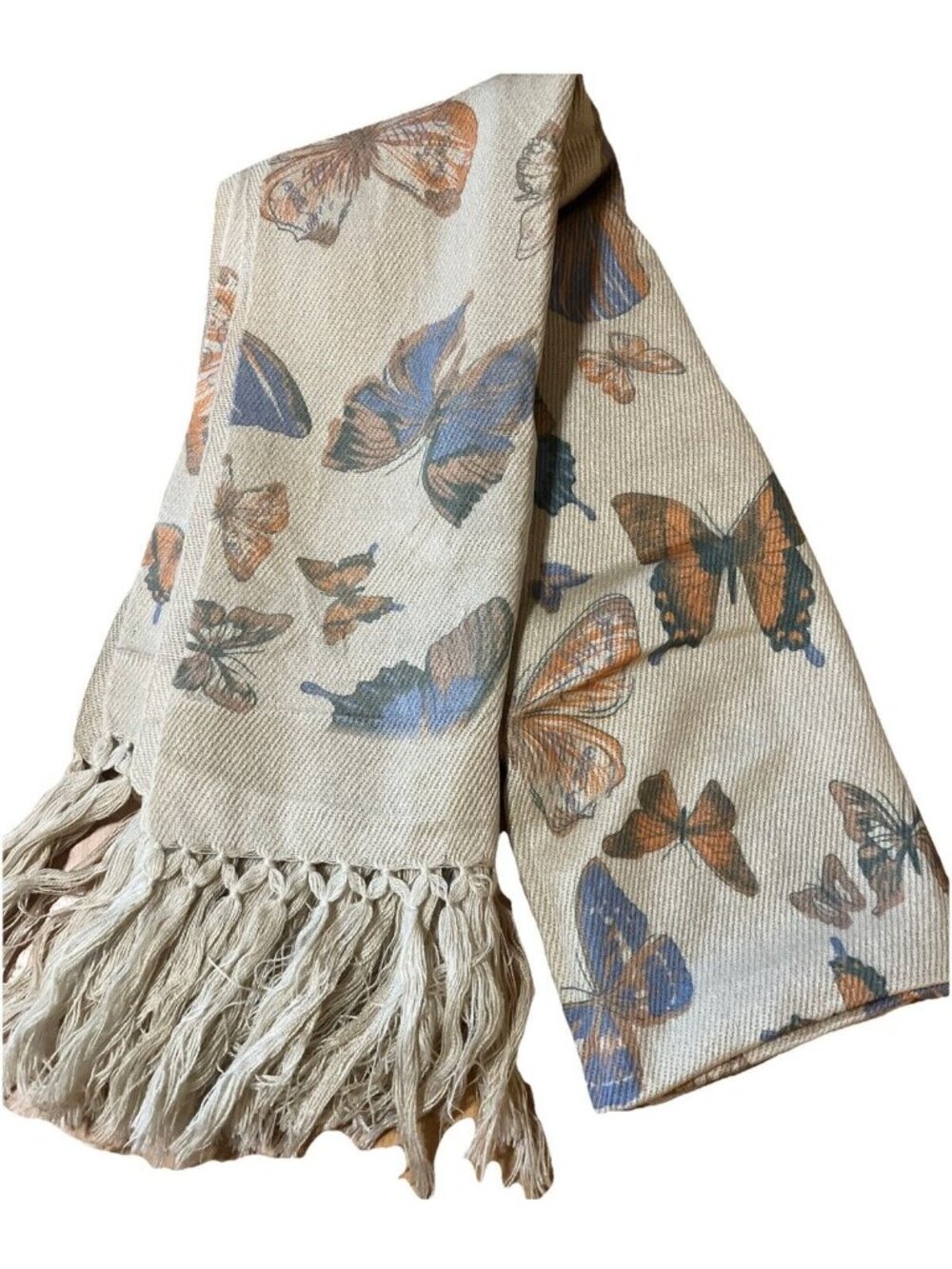 Buttery Fly Scarf 28x36in Tan With Multi Colored Butterflies